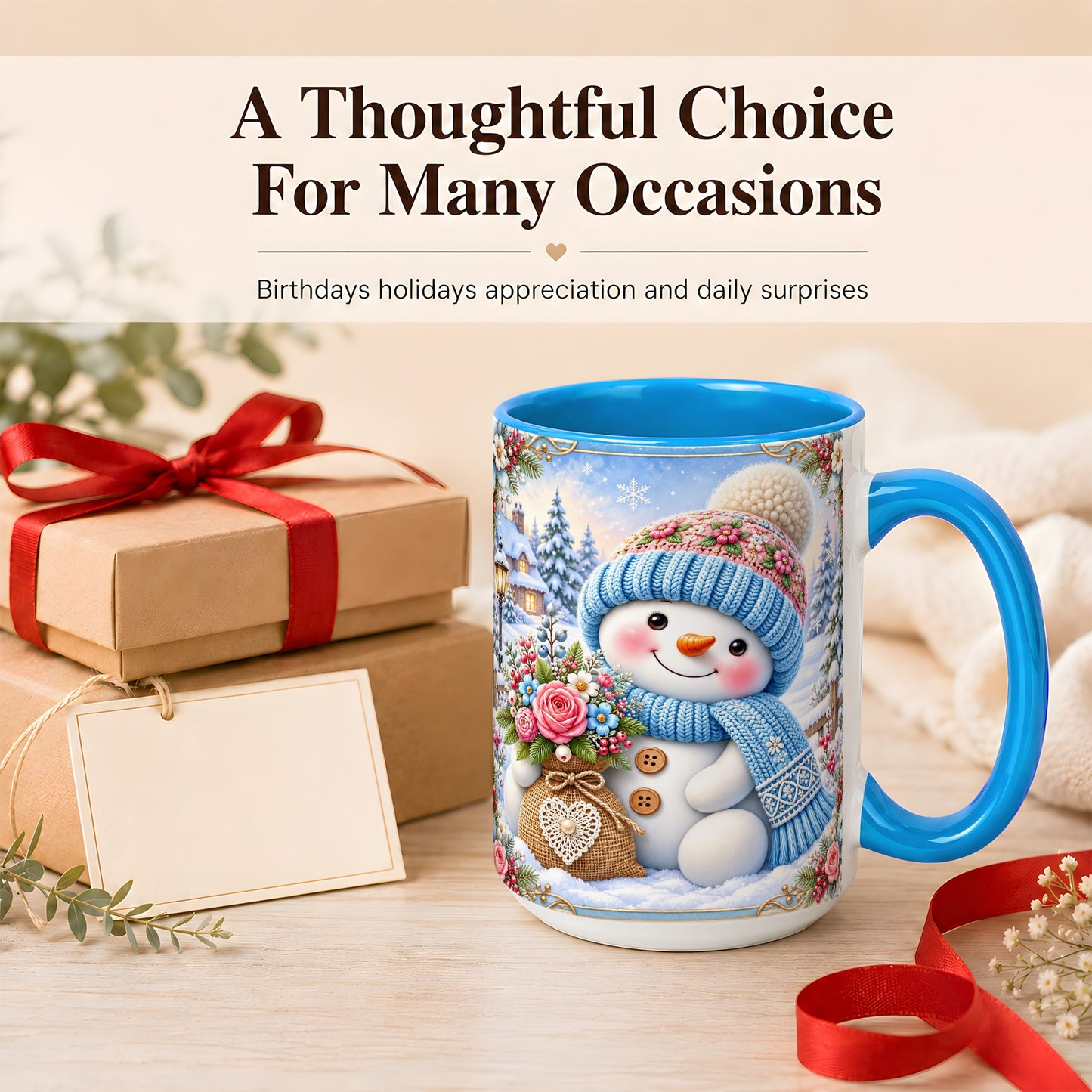 #pl[15oz|Blue] Snowman Bouquet Coffee Mug, Winter Floral Mug, Ceramic Cup