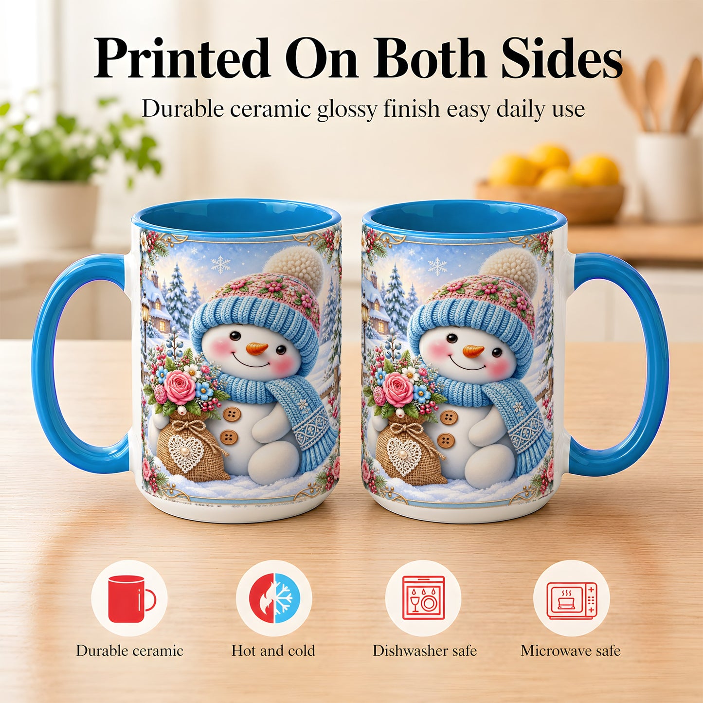 #pl[15oz|Blue] Snowman Bouquet Coffee Mug, Winter Floral Mug, Ceramic Cup