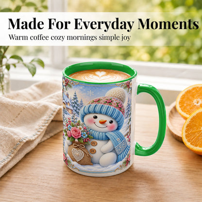 #pl[15oz|Green] Snowman Bouquet Coffee Mug, Winter Floral Mug, Ceramic Cup
