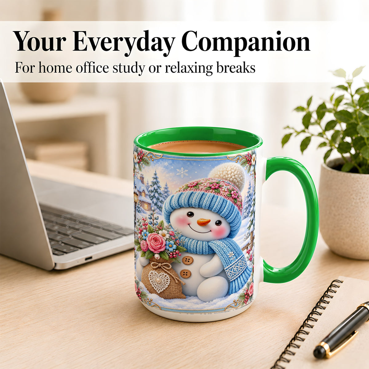 #pl[15oz|Green] Snowman Bouquet Coffee Mug, Winter Floral Mug, Ceramic Cup
