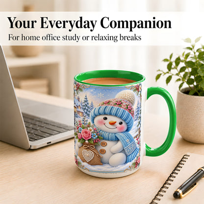 #pl[15oz|Green] Snowman Bouquet Coffee Mug, Winter Floral Mug, Ceramic Cup