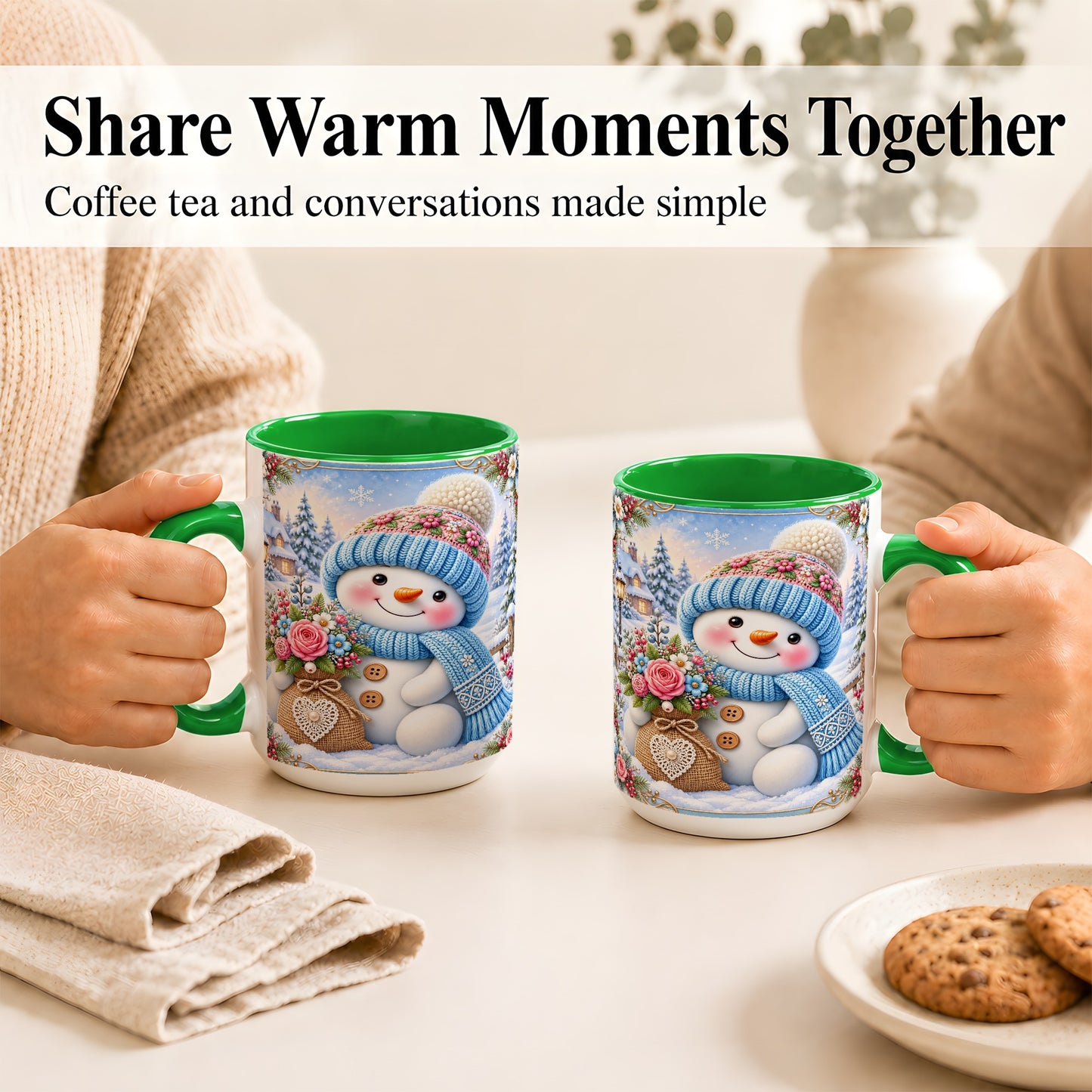 #pl[15oz|Green] Snowman Bouquet Coffee Mug, Winter Floral Mug, Ceramic Cup