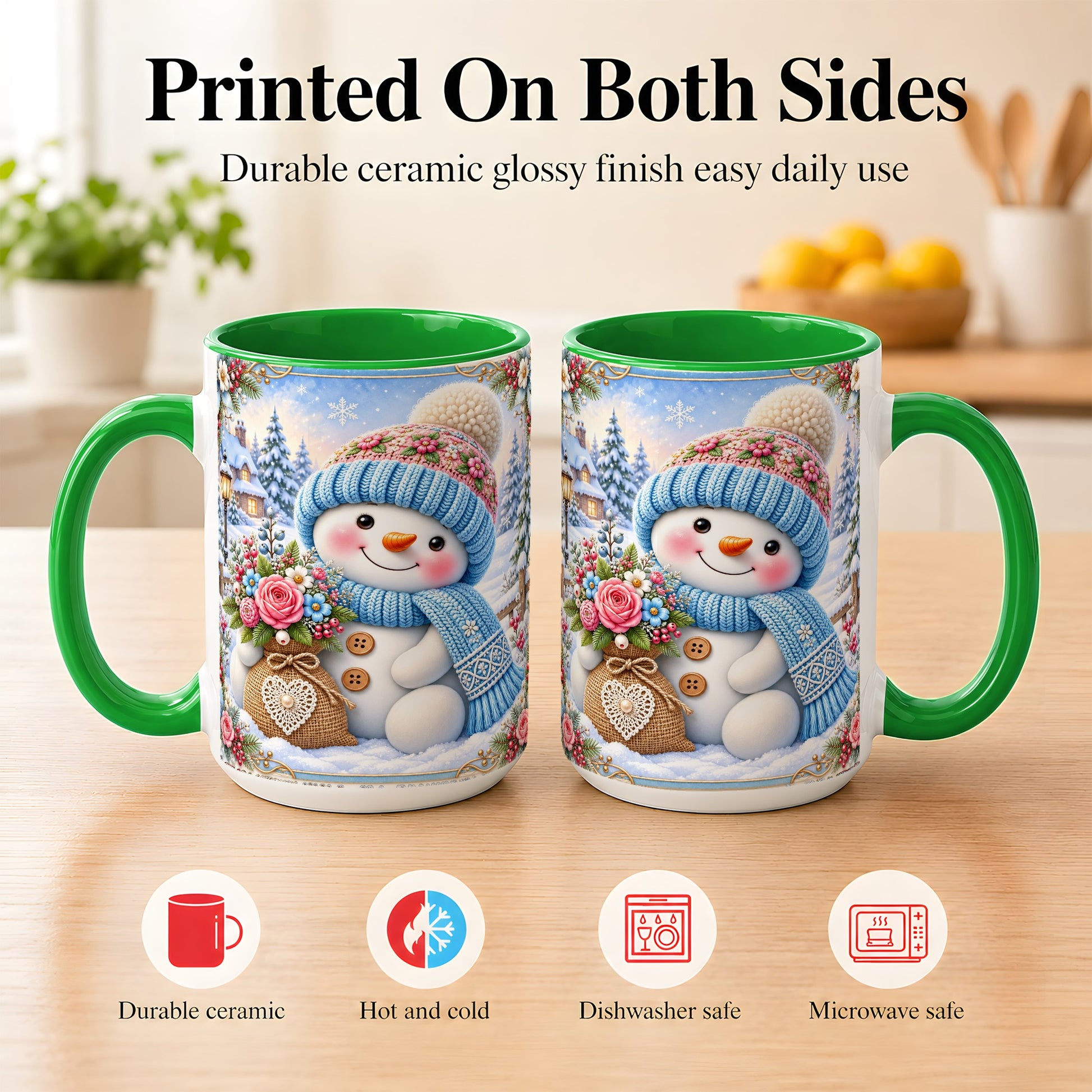 #pl[15oz|Green] Snowman Bouquet Coffee Mug, Winter Floral Mug, Ceramic Cup