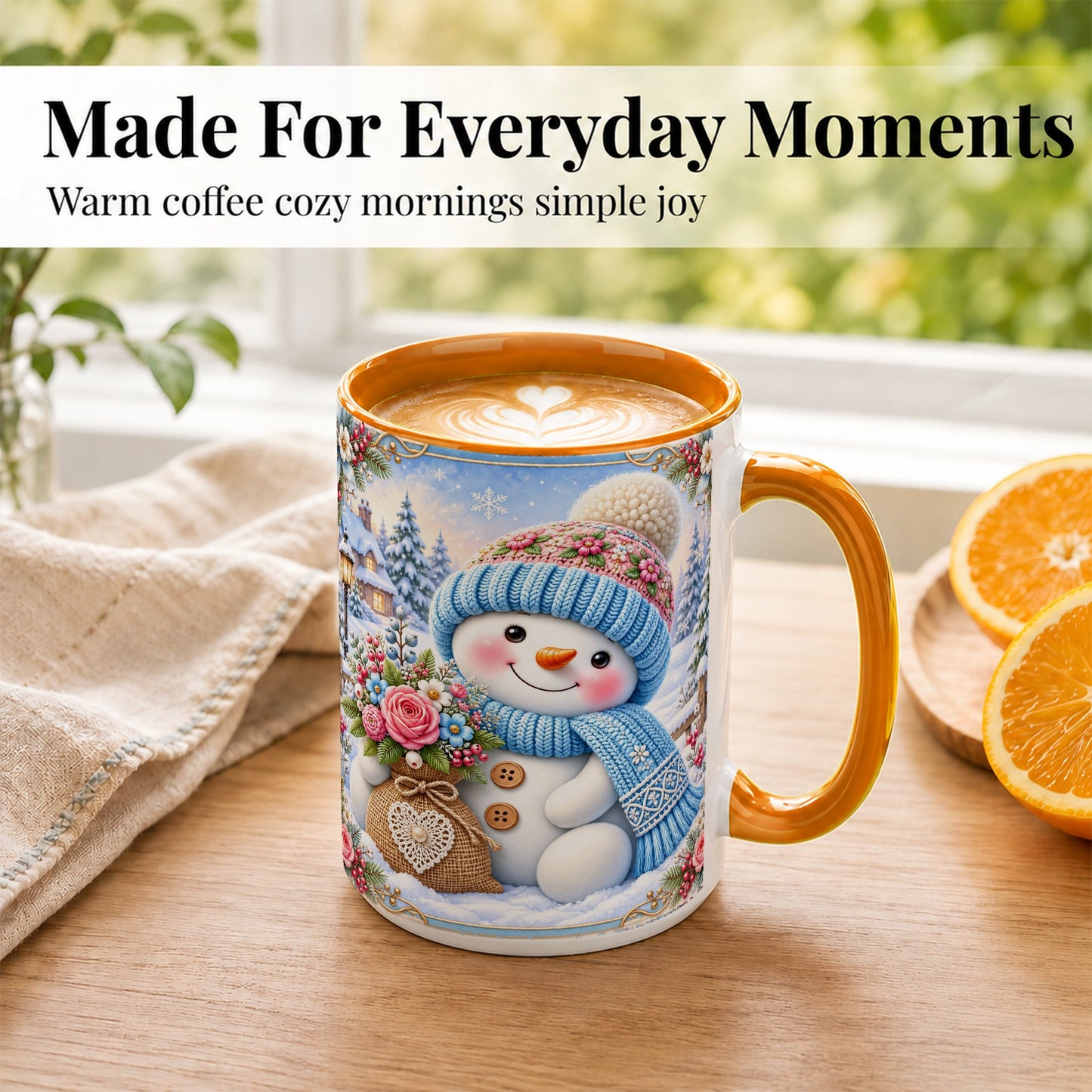 #pl[15oz|Orange] Snowman Bouquet Coffee Mug, Winter Floral Mug, Ceramic Cup