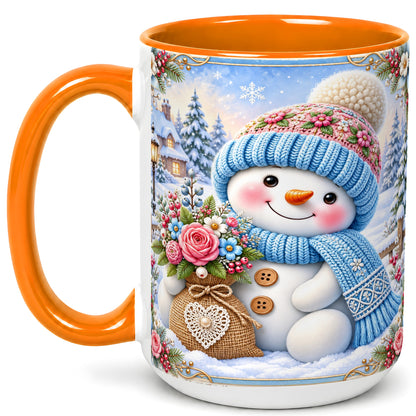 #pl[15oz|Orange] Snowman Bouquet Coffee Mug, Winter Floral Mug, Ceramic Cup