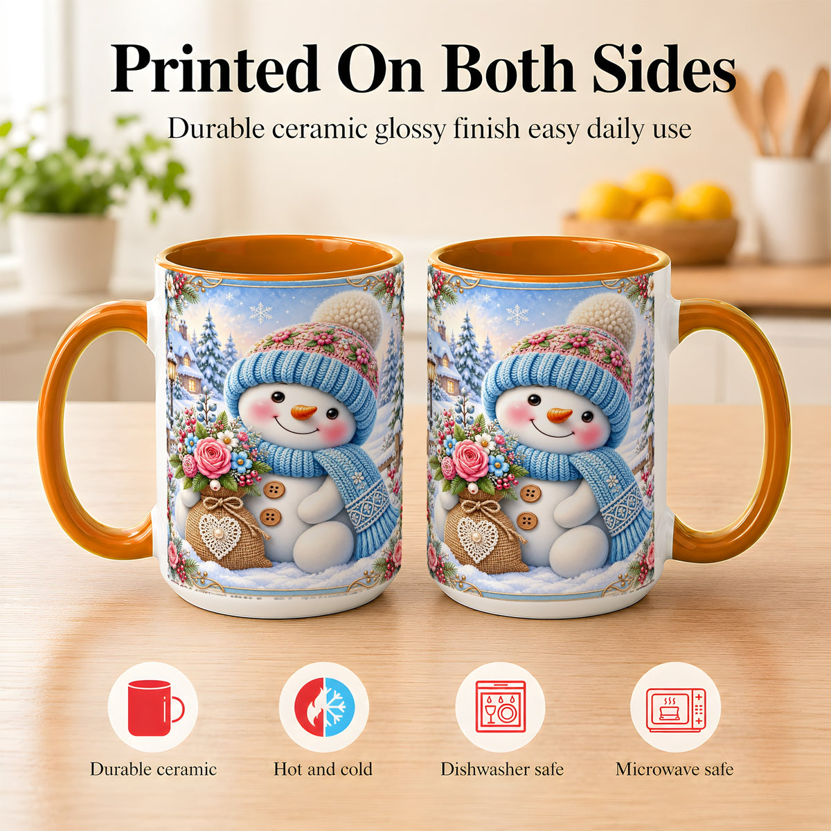 #pl[15oz|Orange] Snowman Bouquet Coffee Mug, Winter Floral Mug, Ceramic Cup