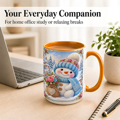#pl[15oz|Orange] Snowman Bouquet Coffee Mug, Winter Floral Mug, Ceramic Cup