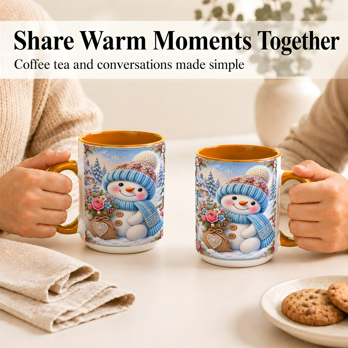 #pl[15oz|Orange] Snowman Bouquet Coffee Mug, Winter Floral Mug, Ceramic Cup