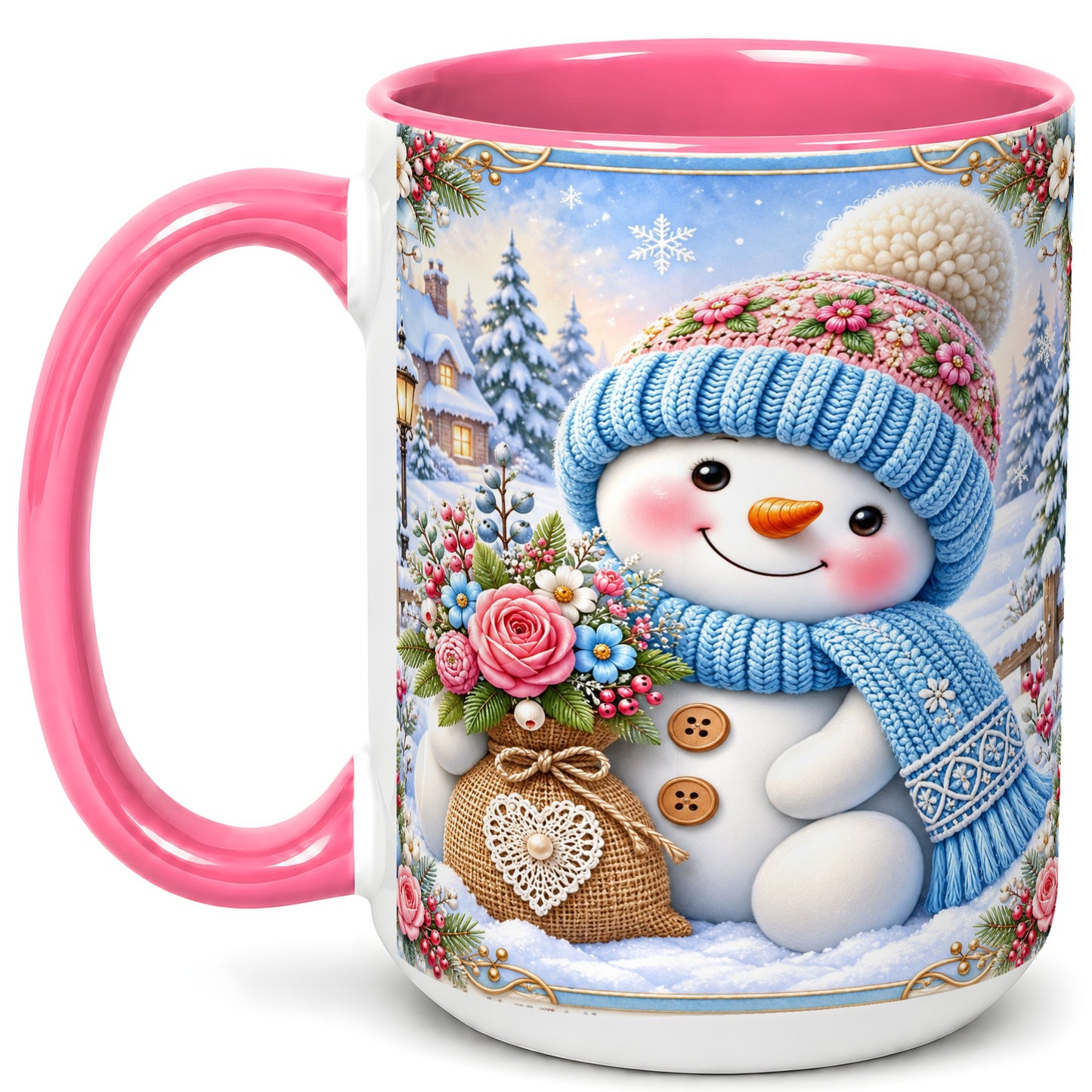 #pl[15oz|Pink] Snowman Bouquet Coffee Mug, Winter Floral Mug, Ceramic Cup