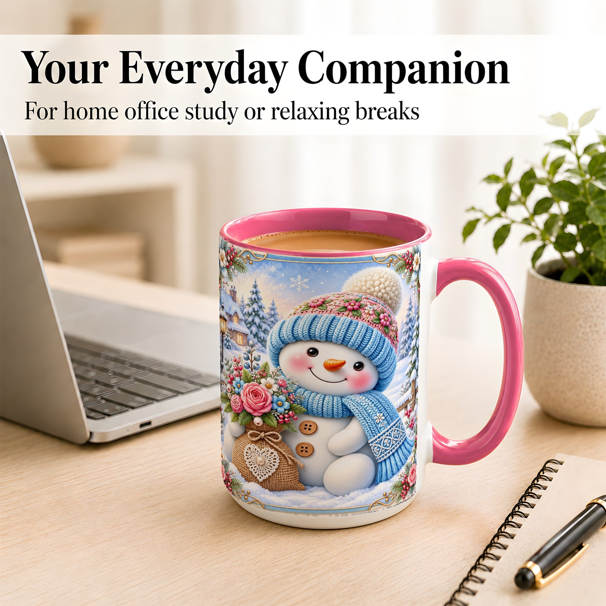 #pl[15oz|Pink] Snowman Bouquet Coffee Mug, Winter Floral Mug, Ceramic Cup