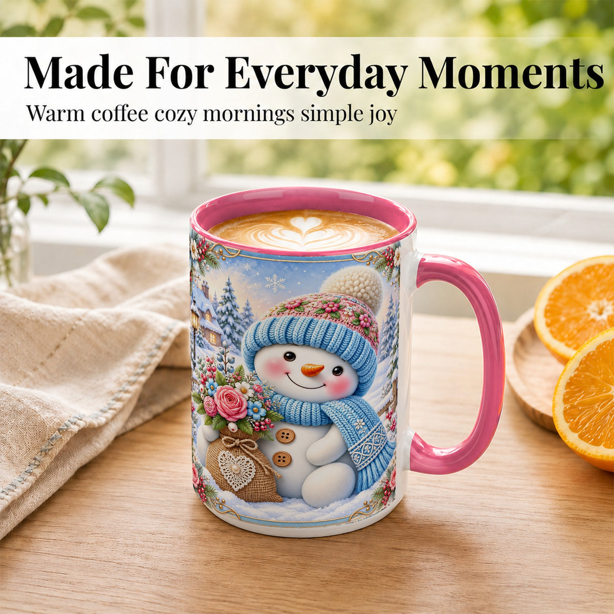 #pl[15oz|Pink] Snowman Bouquet Coffee Mug, Winter Floral Mug, Ceramic Cup