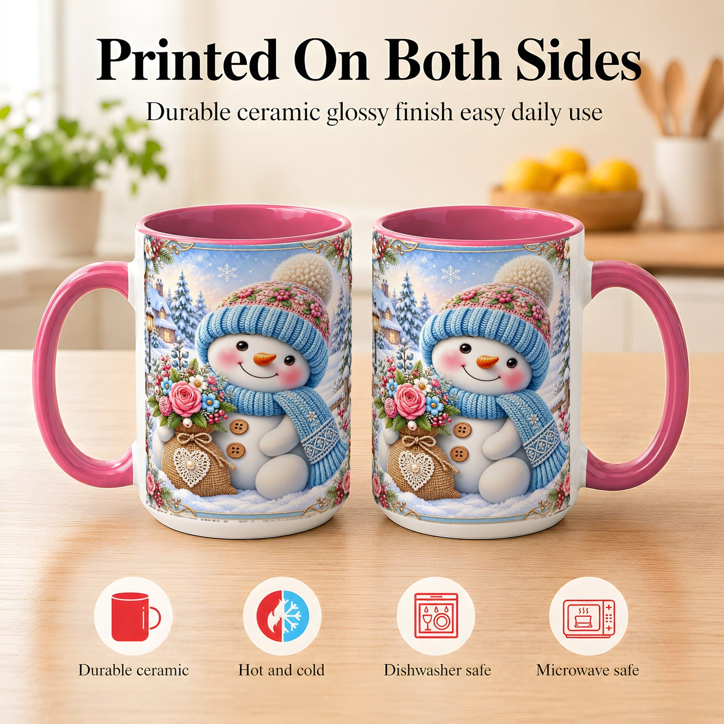 #pl[15oz|Pink] Snowman Bouquet Coffee Mug, Winter Floral Mug, Ceramic Cup