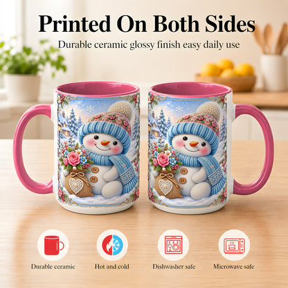 #pl[15oz|Pink] Snowman Bouquet Coffee Mug, Winter Floral Mug, Ceramic Cup