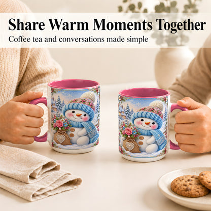 #pl[15oz|Pink] Snowman Bouquet Coffee Mug, Winter Floral Mug, Ceramic Cup