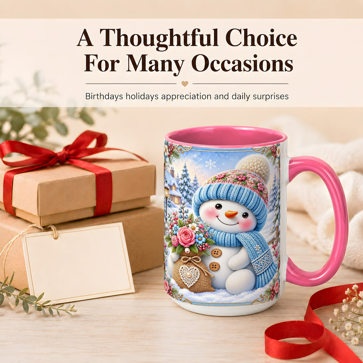 #pl[15oz|Pink] Snowman Bouquet Coffee Mug, Winter Floral Mug, Ceramic Cup