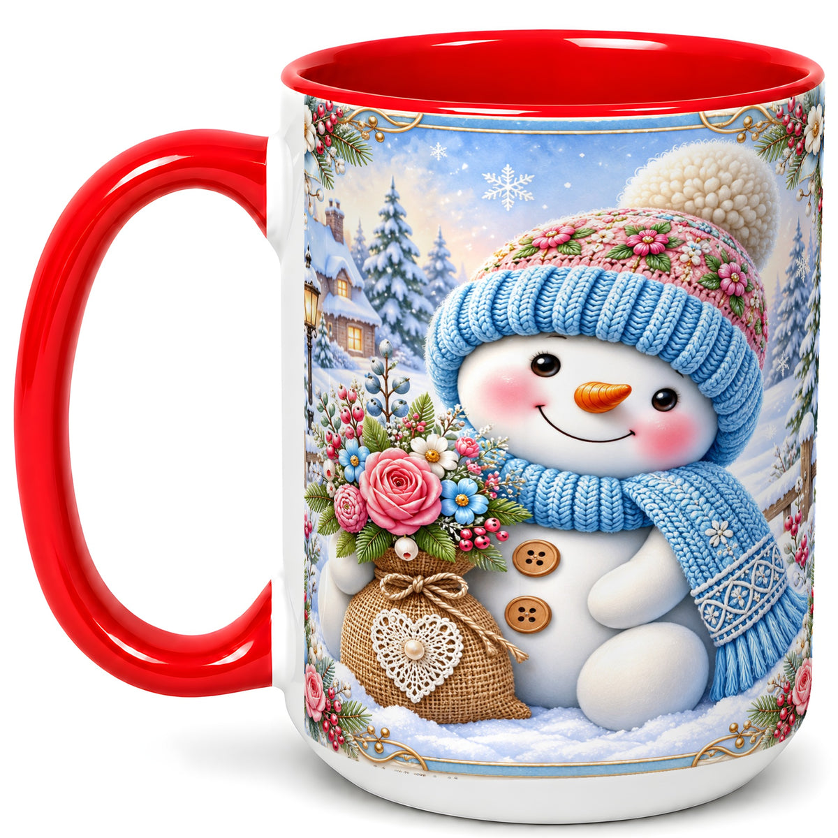 #pl[15oz|Red] Snowman Bouquet Coffee Mug, Winter Floral Mug, Ceramic Cup
