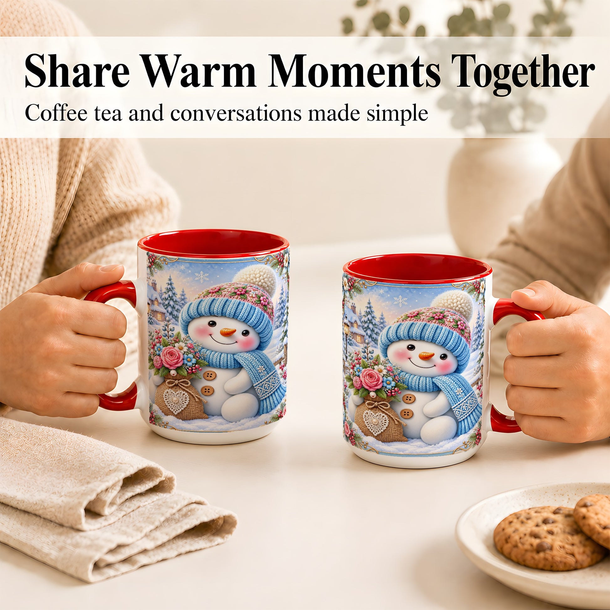 #pl[15oz|Red] Snowman Bouquet Coffee Mug, Winter Floral Mug, Ceramic Cup