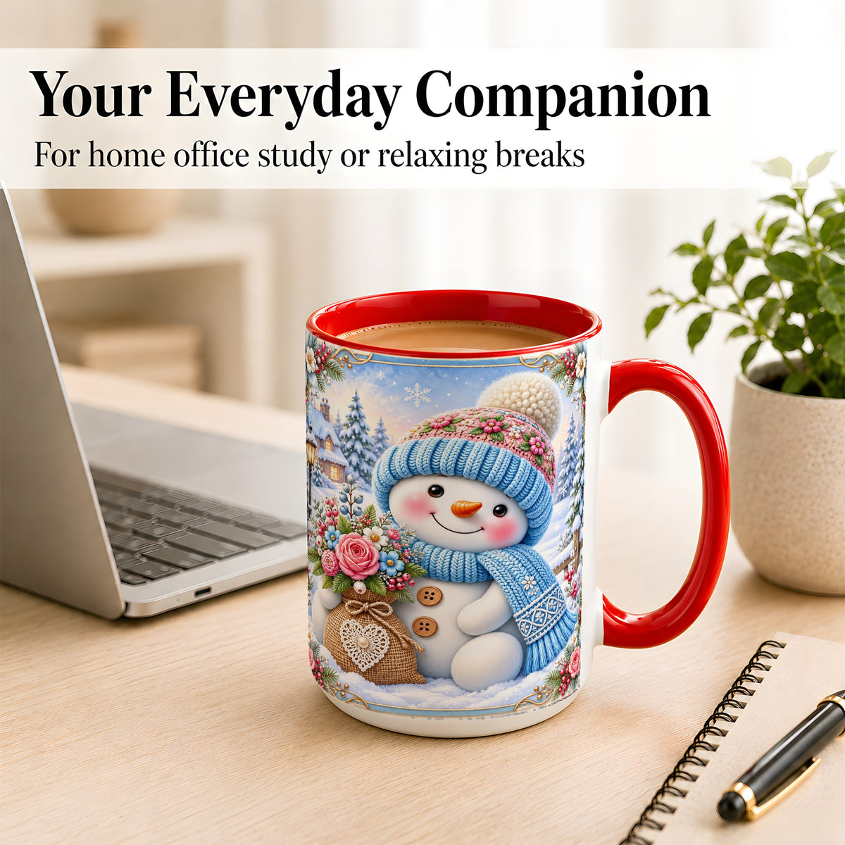 #pl[15oz|Red] Snowman Bouquet Coffee Mug, Winter Floral Mug, Ceramic Cup