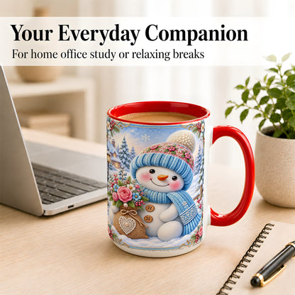 #pl[15oz|Red] Snowman Bouquet Coffee Mug, Winter Floral Mug, Ceramic Cup