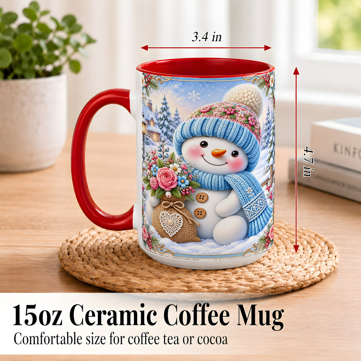 #pl[15oz|Red] Snowman Bouquet Coffee Mug, Winter Floral Mug, Ceramic Cup