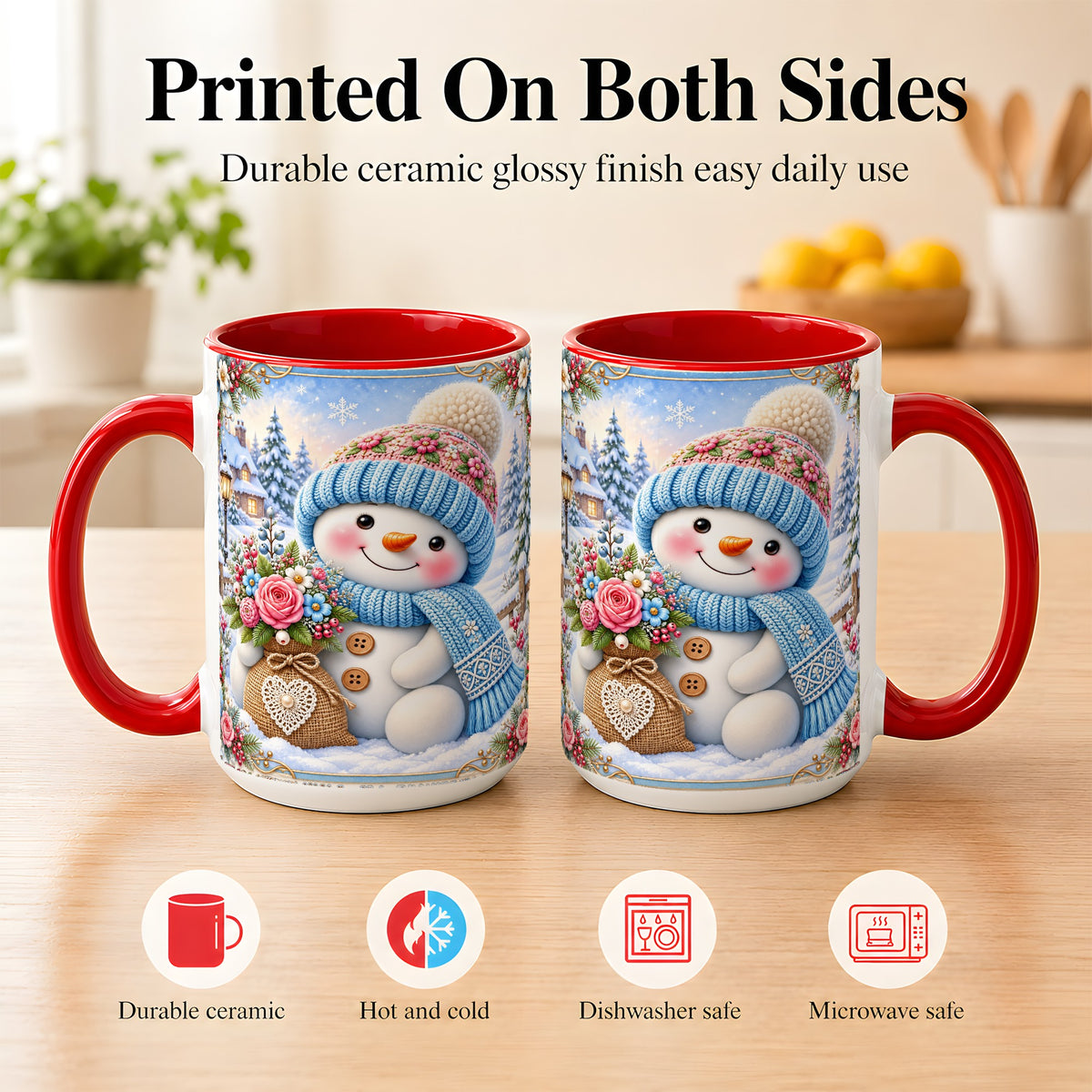 #pl[15oz|Red] Snowman Bouquet Coffee Mug, Winter Floral Mug, Ceramic Cup