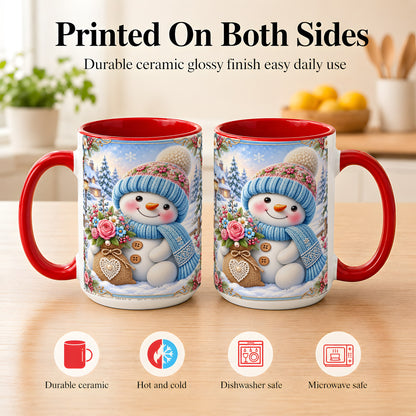 #pl[15oz|Red] Snowman Bouquet Coffee Mug, Winter Floral Mug, Ceramic Cup