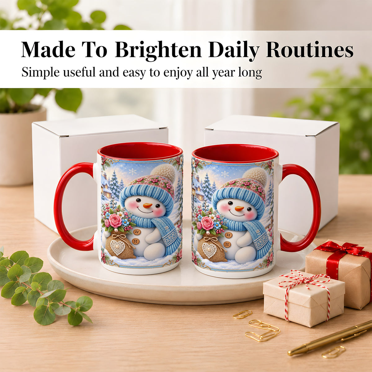 #pl[15oz|Red] Snowman Bouquet Coffee Mug, Winter Floral Mug, Ceramic Cup