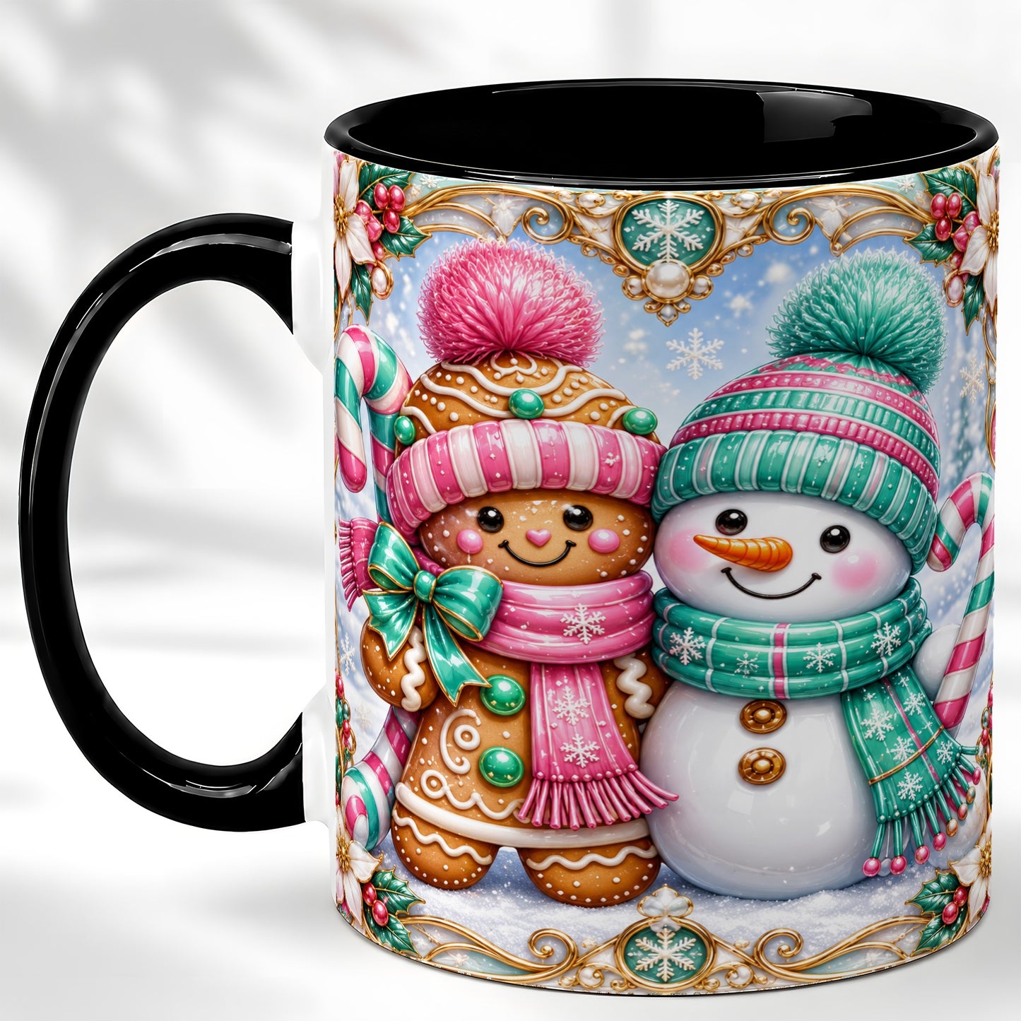 #pl[11oz|Black] Gingerbread Snowman Coffee Mug, Candy Cane Winter Mug, Ceramic Cup