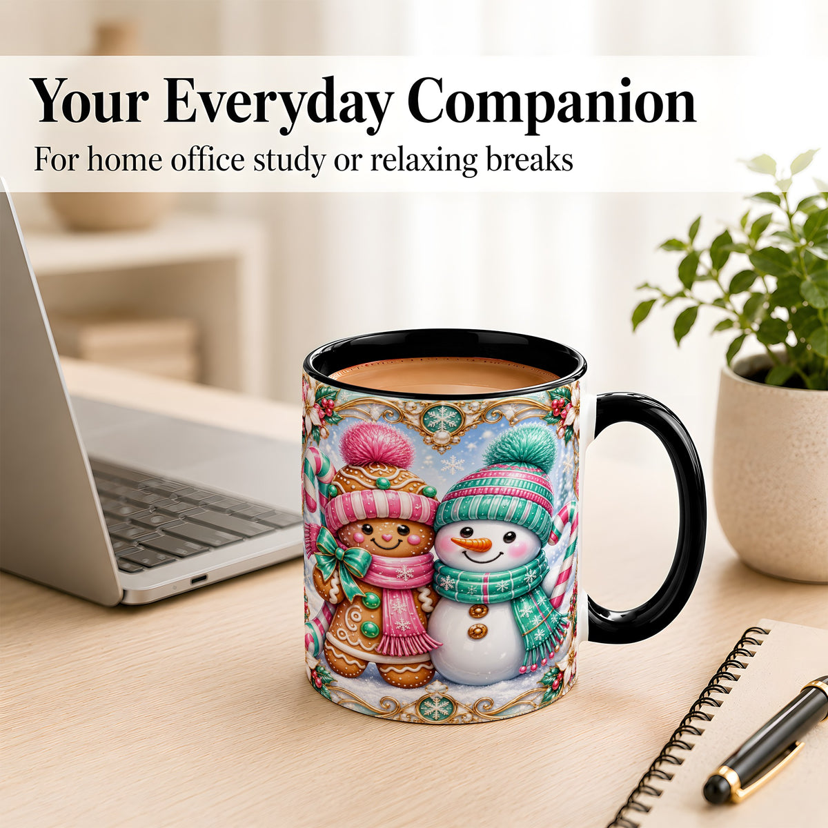 #pl[11oz|Black] Gingerbread Snowman Coffee Mug, Candy Cane Winter Mug, Ceramic Cup