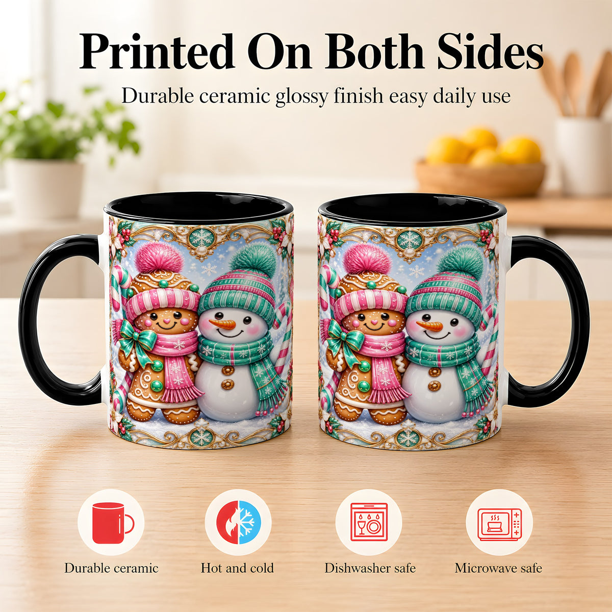 #pl[11oz|Black] Gingerbread Snowman Coffee Mug, Candy Cane Winter Mug, Ceramic Cup