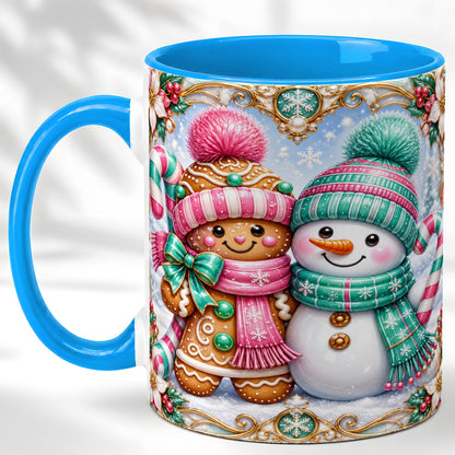 #pl[11oz|Blue] Gingerbread Snowman Coffee Mug, Candy Cane Winter Mug, Ceramic Cup