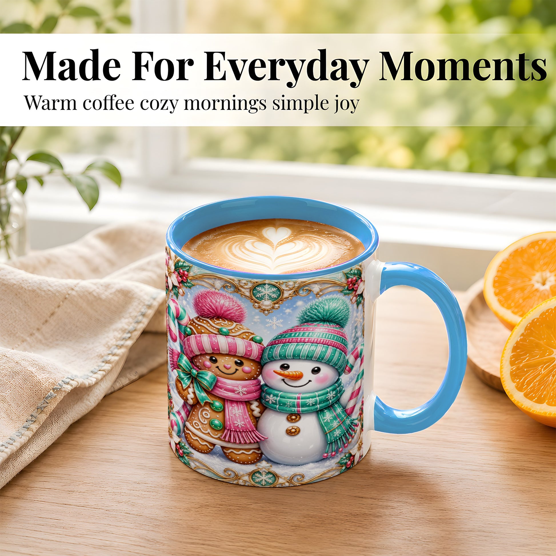 #pl[11oz|Blue] Gingerbread Snowman Coffee Mug, Candy Cane Winter Mug, Ceramic Cup