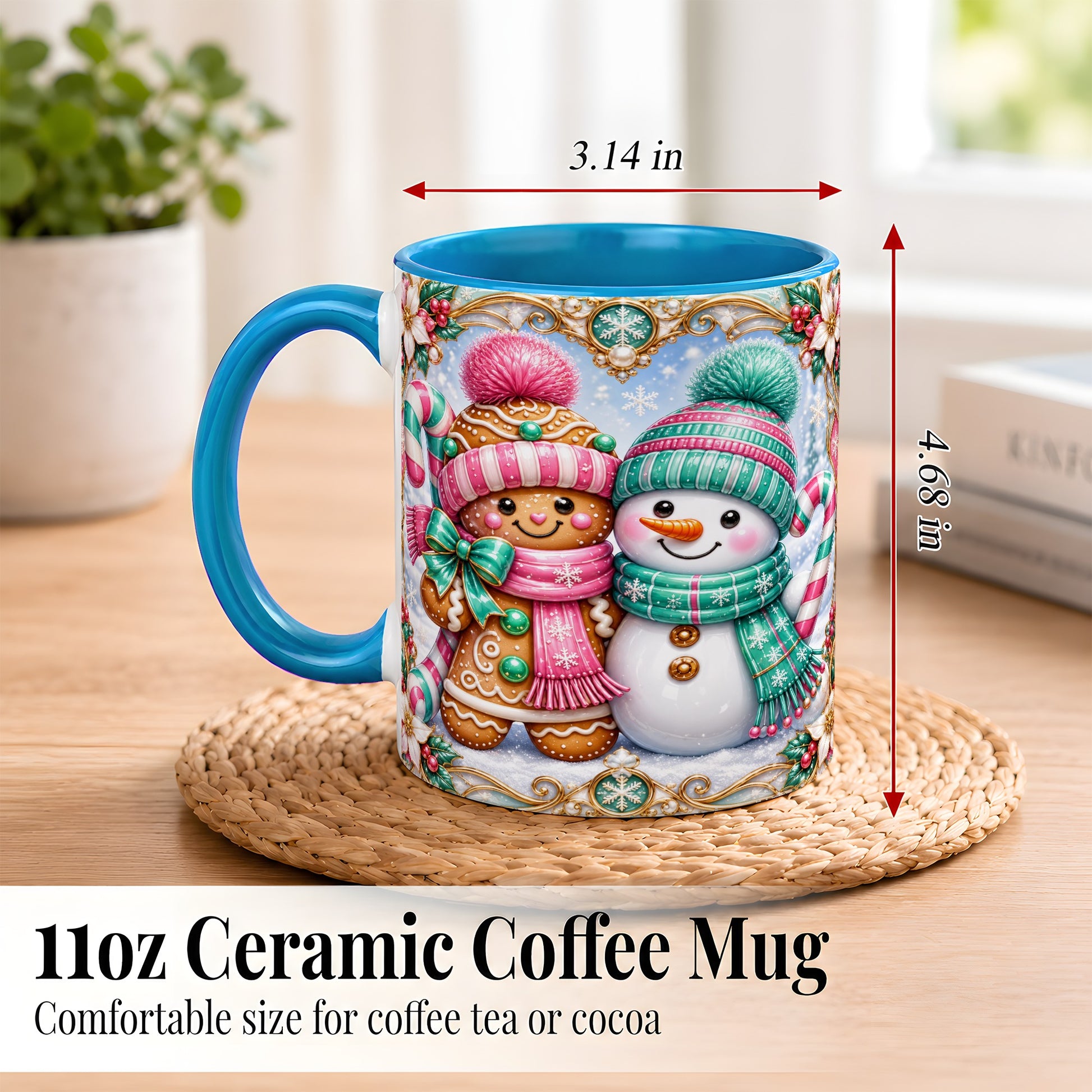 #pl[11oz|Blue] Gingerbread Snowman Coffee Mug, Candy Cane Winter Mug, Ceramic Cup