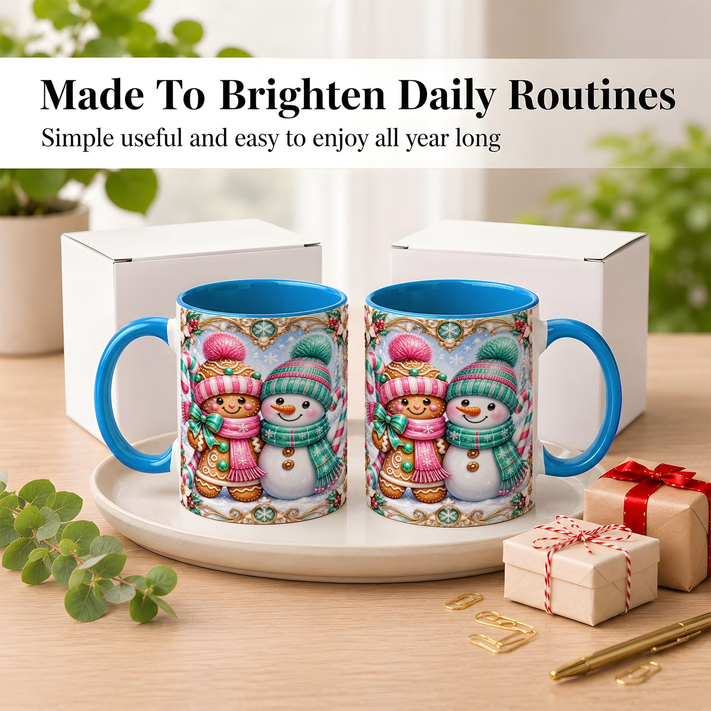 #pl[11oz|Blue] Gingerbread Snowman Coffee Mug, Candy Cane Winter Mug, Ceramic Cup