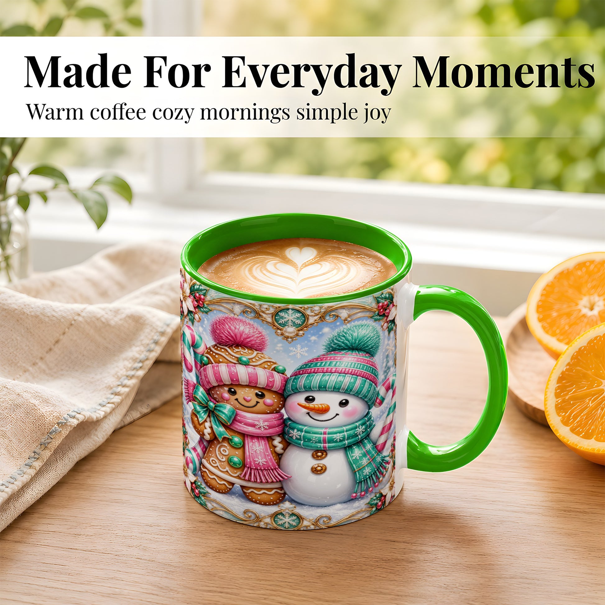 #pl[11oz|Green] Gingerbread Snowman Coffee Mug, Candy Cane Winter Mug, Ceramic Cup