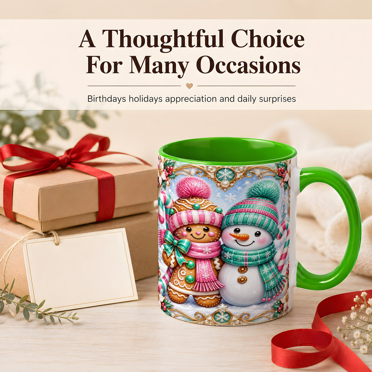 #pl[11oz|Green] Gingerbread Snowman Coffee Mug, Candy Cane Winter Mug, Ceramic Cup