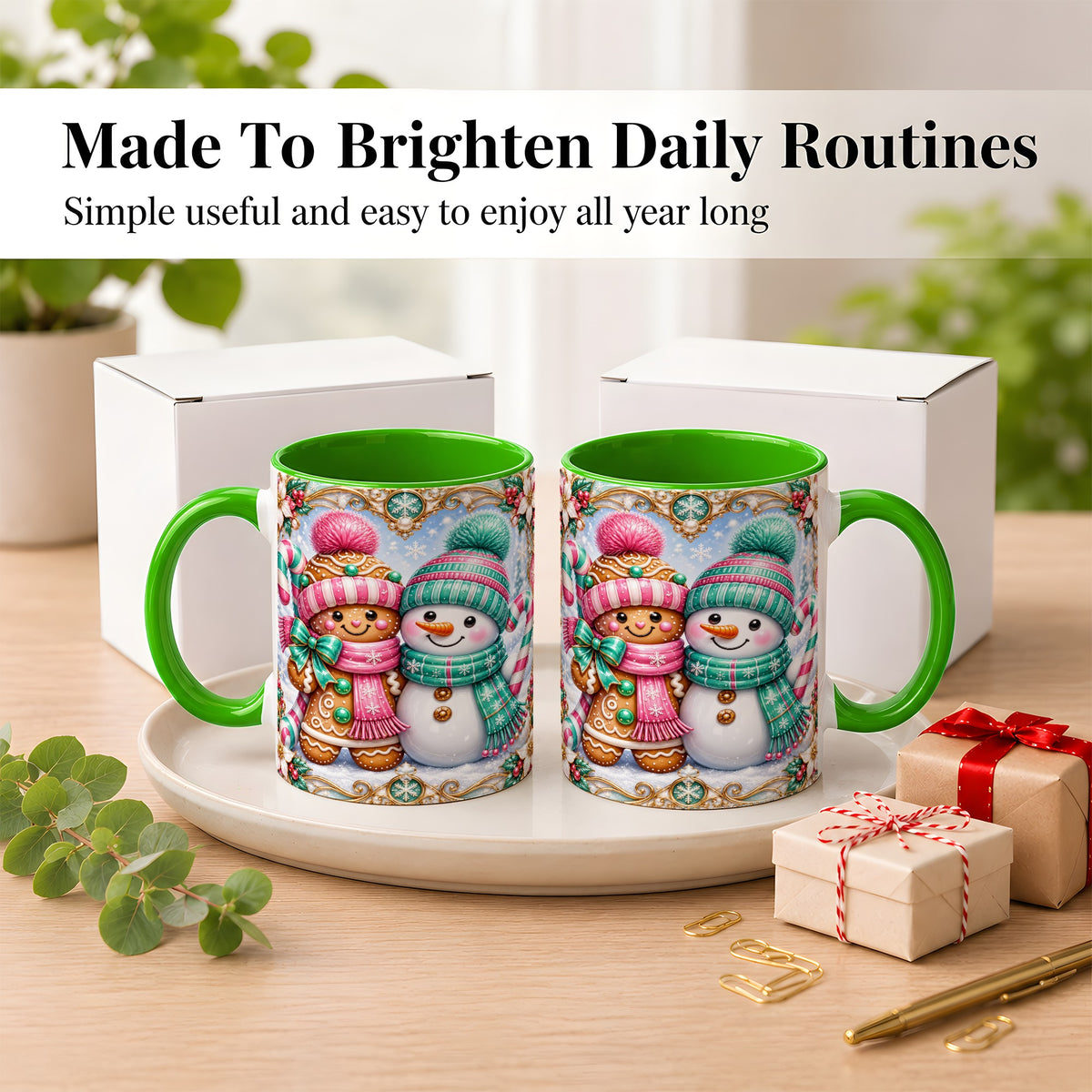 #pl[11oz|Green] Gingerbread Snowman Coffee Mug, Candy Cane Winter Mug, Ceramic Cup