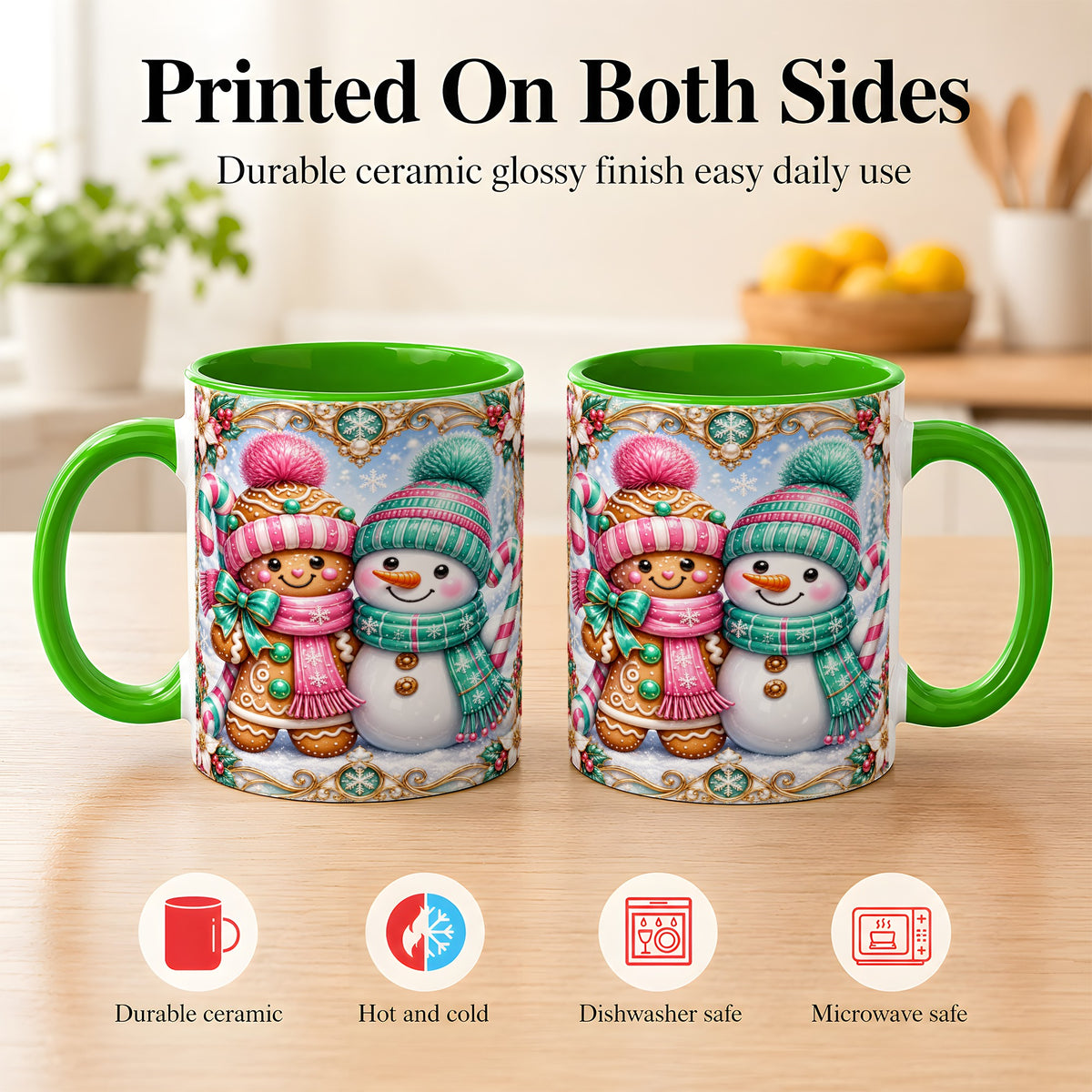 #pl[11oz|Green] Gingerbread Snowman Coffee Mug, Candy Cane Winter Mug, Ceramic Cup