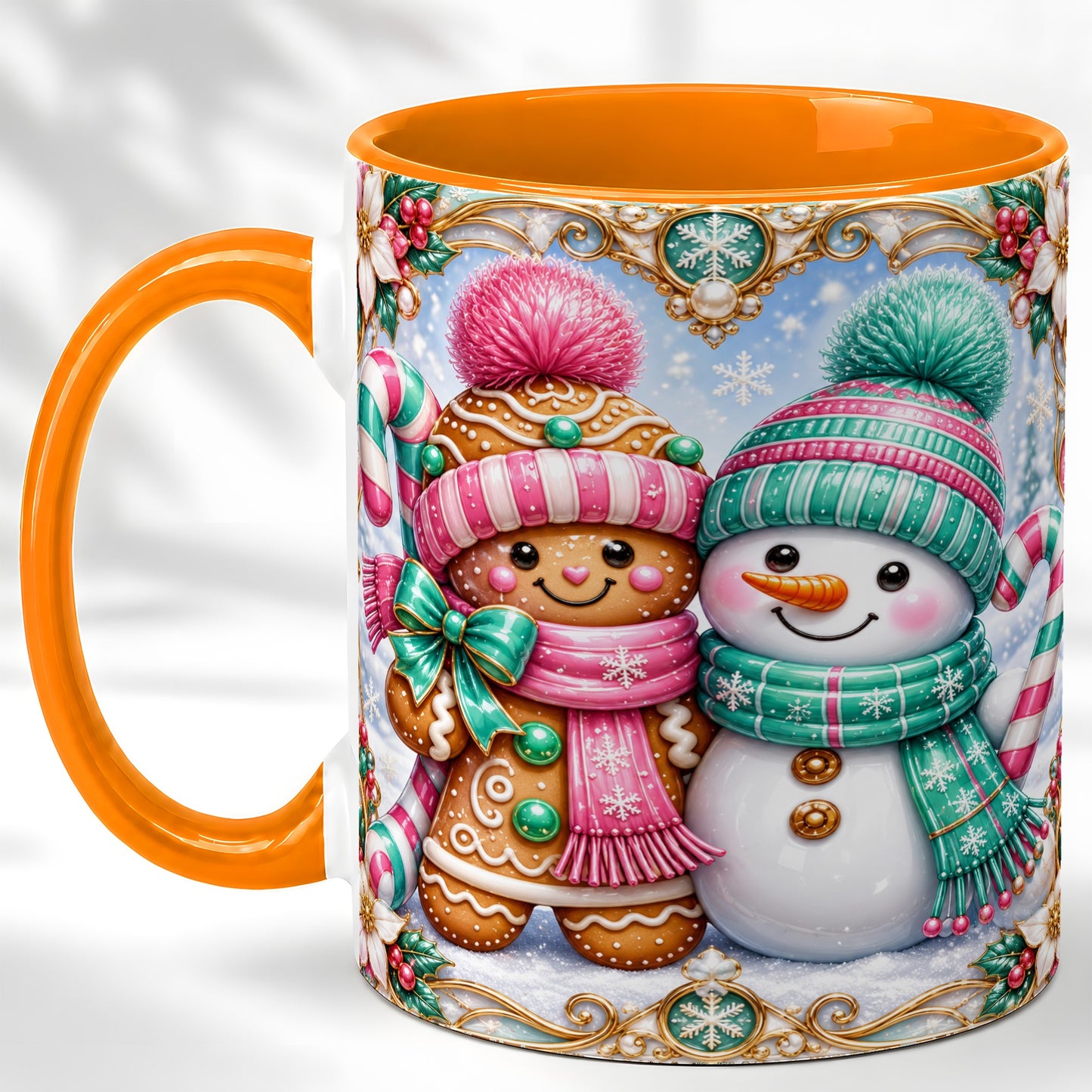 #pl[11oz|Orange] Gingerbread Snowman Coffee Mug, Candy Cane Winter Mug, Ceramic Cup