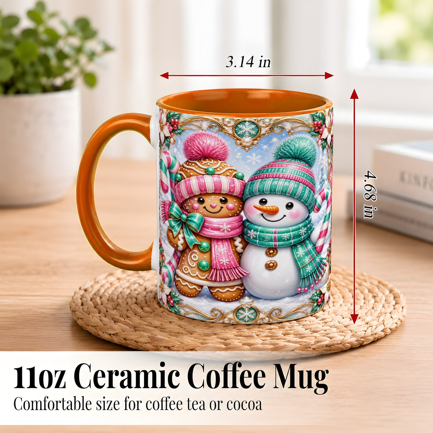 #pl[11oz|Orange] Gingerbread Snowman Coffee Mug, Candy Cane Winter Mug, Ceramic Cup