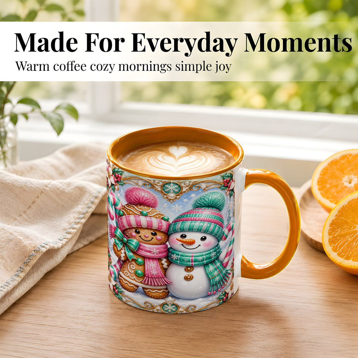 #pl[11oz|Orange] Gingerbread Snowman Coffee Mug, Candy Cane Winter Mug, Ceramic Cup