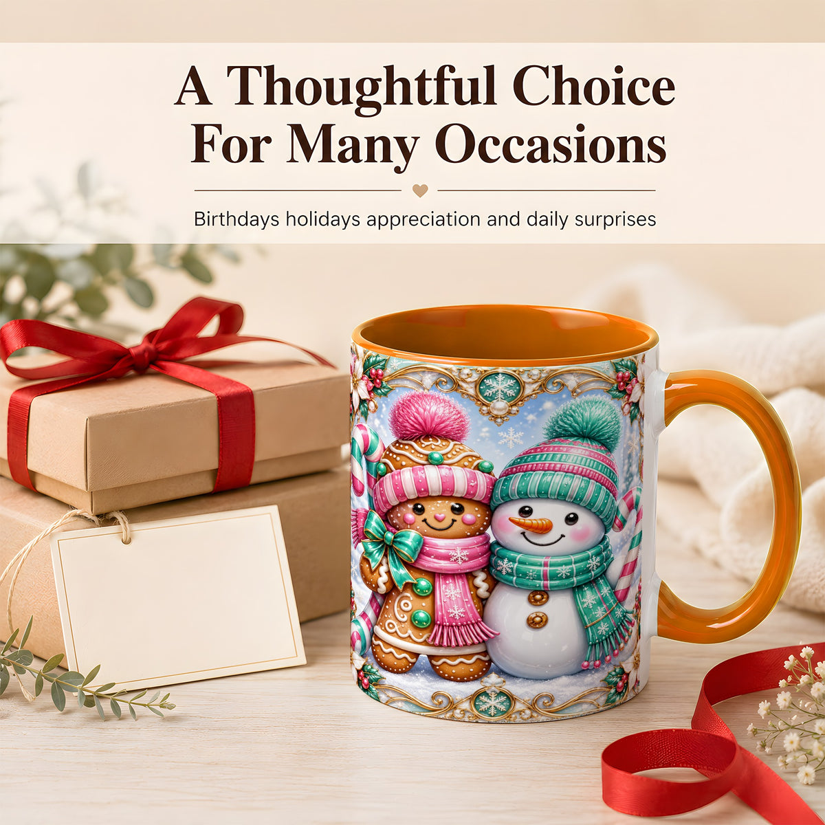 #pl[11oz|Orange] Gingerbread Snowman Coffee Mug, Candy Cane Winter Mug, Ceramic Cup