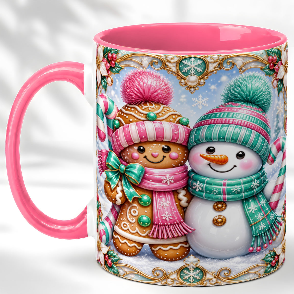 #pl[11oz|Pink] Gingerbread Snowman Coffee Mug, Candy Cane Winter Mug, Ceramic Cup
