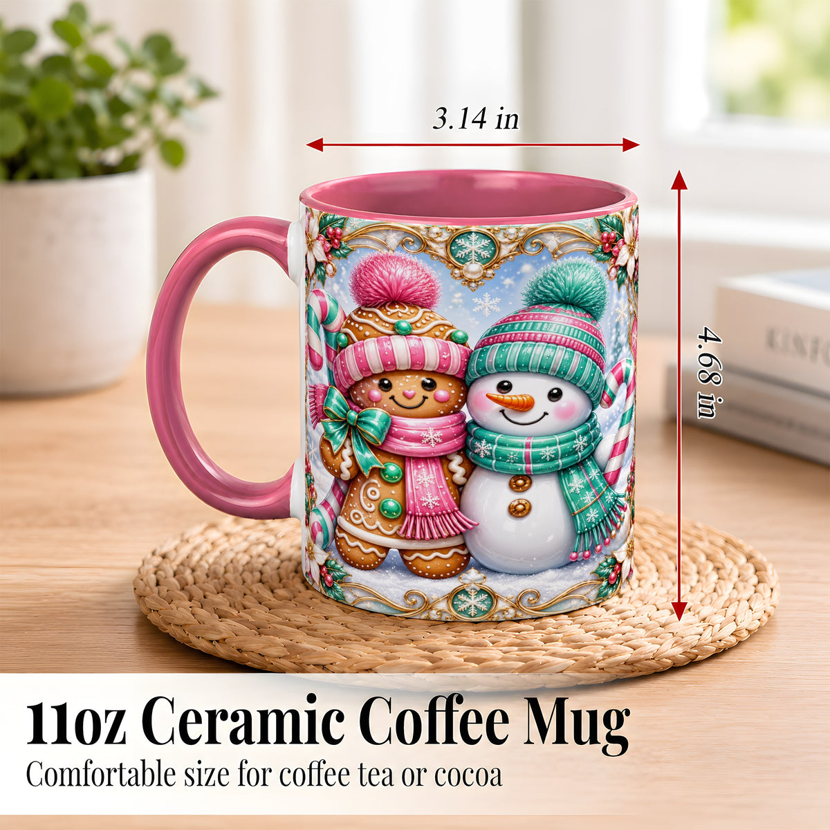 #pl[11oz|Pink] Gingerbread Snowman Coffee Mug, Candy Cane Winter Mug, Ceramic Cup
