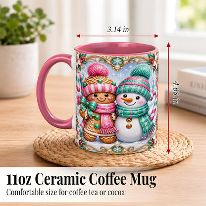 #pl[11oz|Pink] Gingerbread Snowman Coffee Mug, Candy Cane Winter Mug, Ceramic Cup