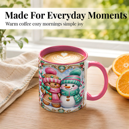 #pl[11oz|Pink] Gingerbread Snowman Coffee Mug, Candy Cane Winter Mug, Ceramic Cup
