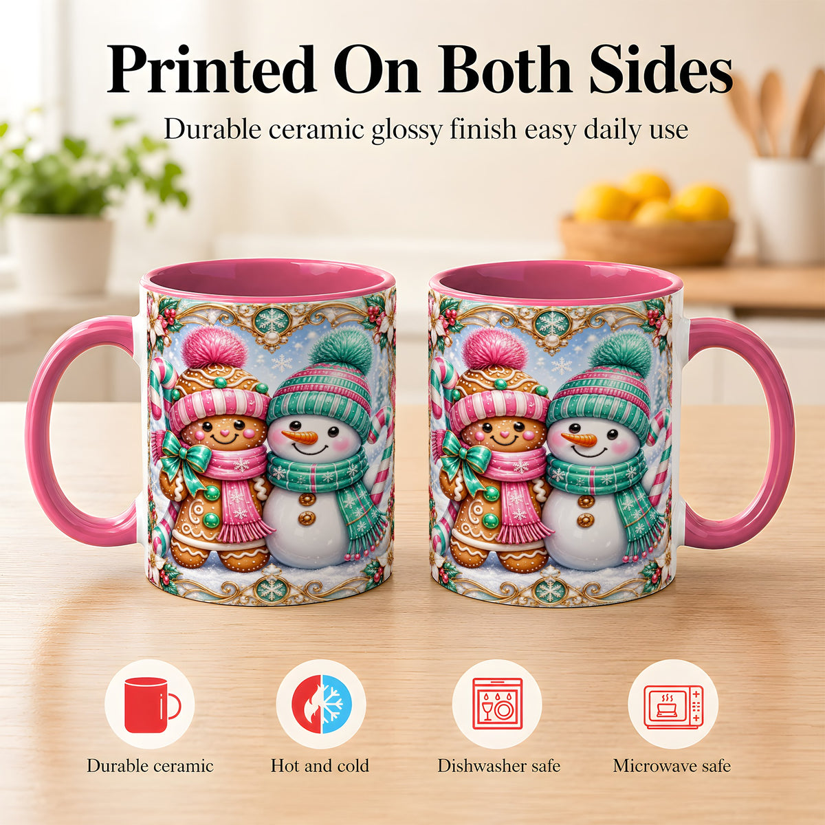 #pl[11oz|Pink] Gingerbread Snowman Coffee Mug, Candy Cane Winter Mug, Ceramic Cup