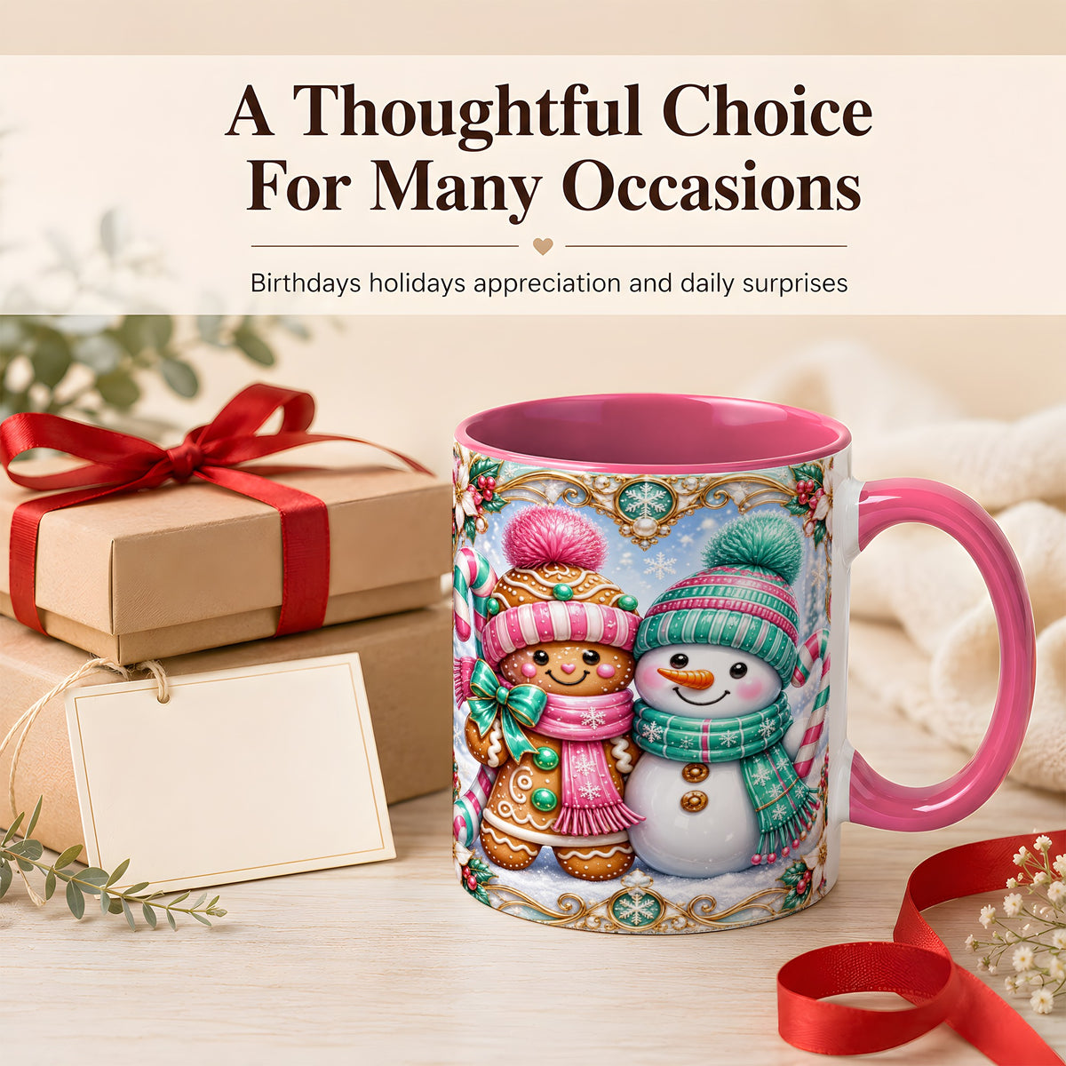 #pl[11oz|Pink] Gingerbread Snowman Coffee Mug, Candy Cane Winter Mug, Ceramic Cup