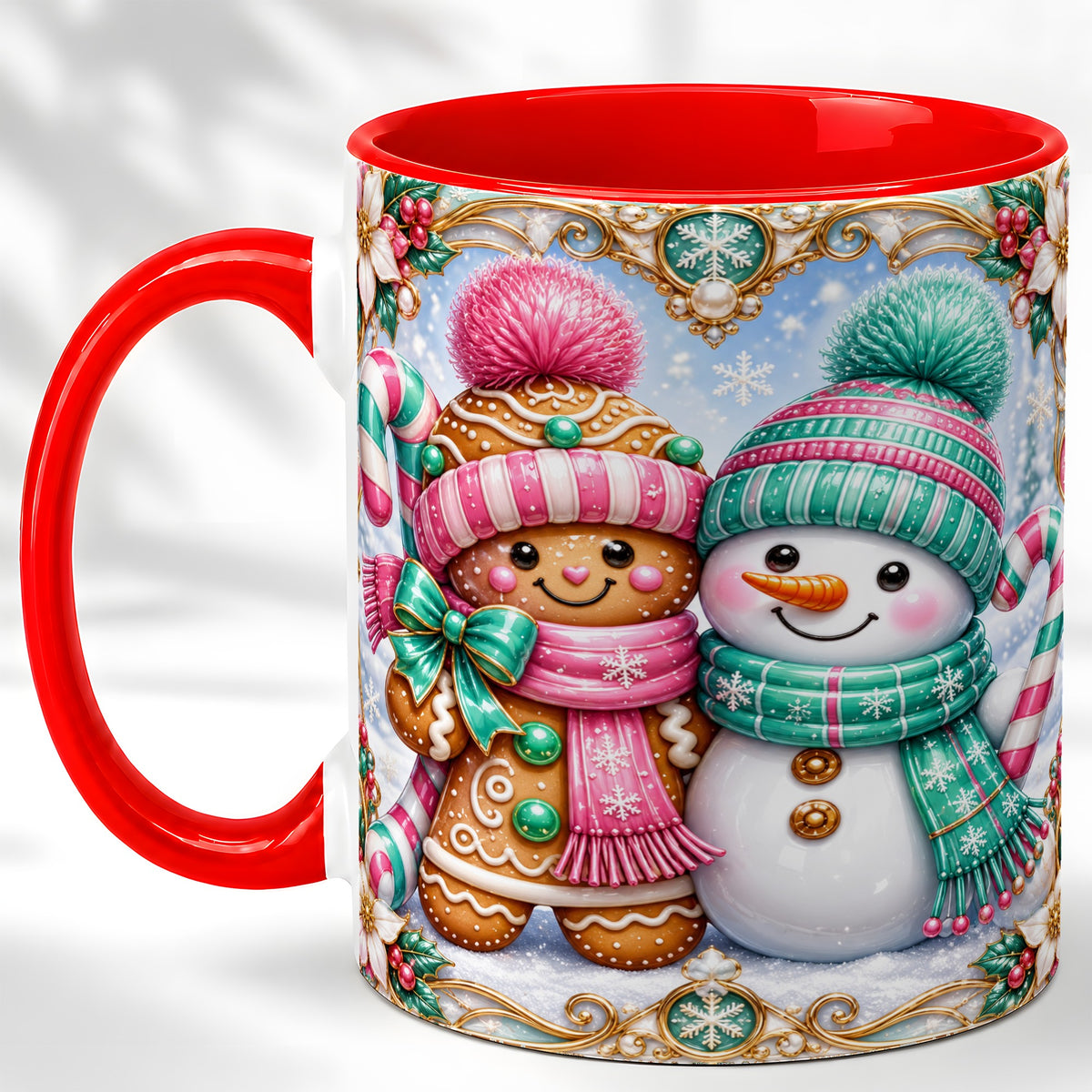 Gingerbread Snowman Coffee Mug, Candy Cane Winter Mug, Ceramic Cup