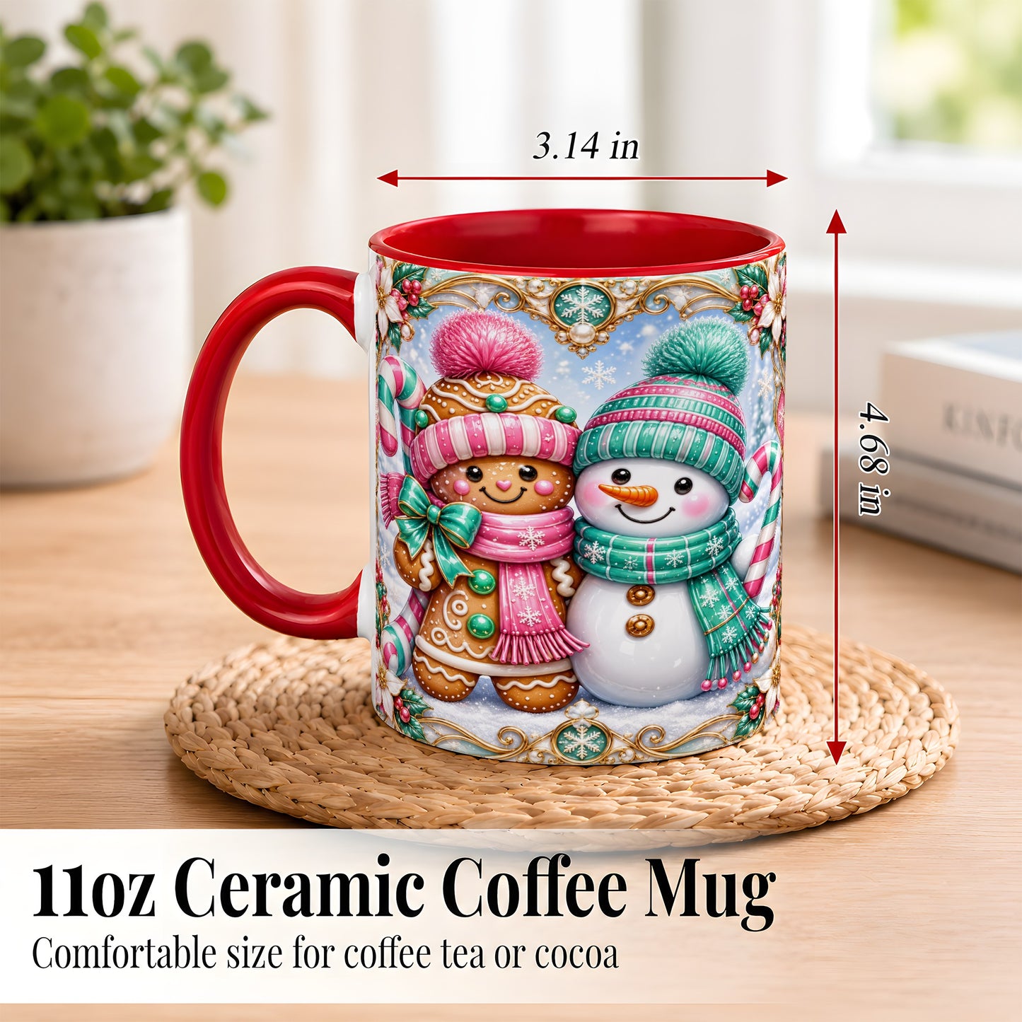 #pl[11oz|Red] Gingerbread Snowman Coffee Mug, Candy Cane Winter Mug, Ceramic Cup